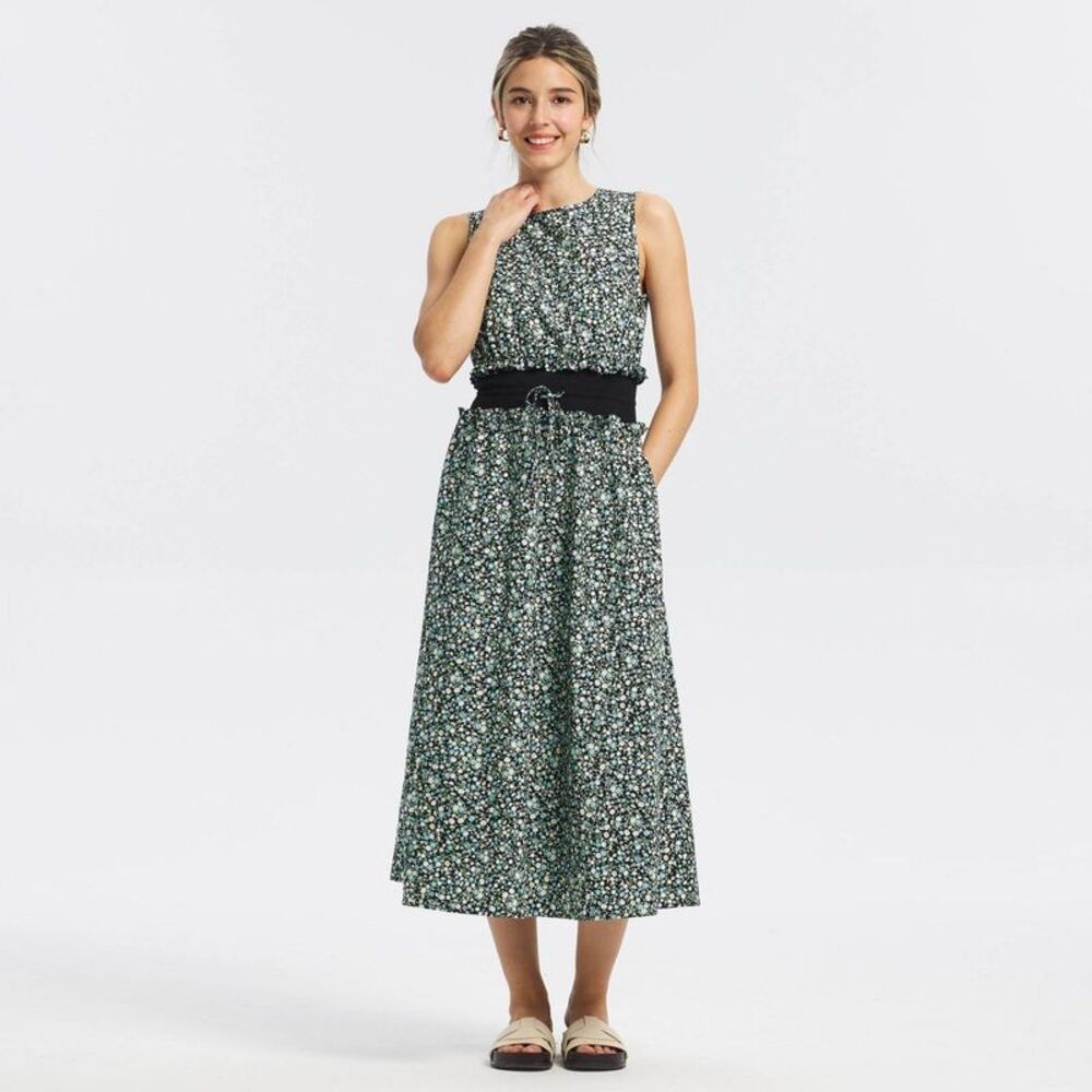 Women's Elastic Waist Midi Dress - Universal Thread Black Floral L